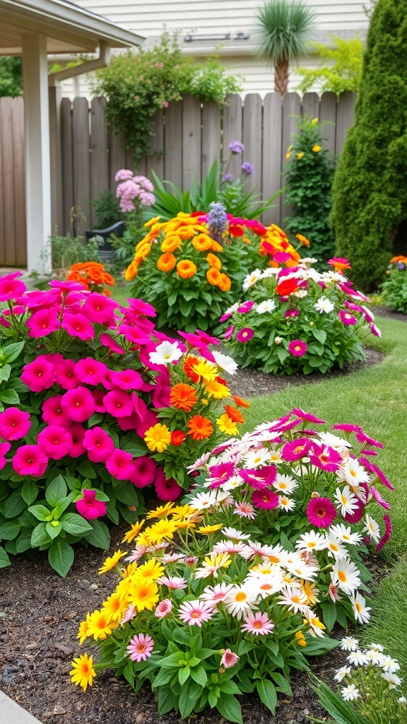 Colorful flower beds featuring pink petunias, orange marigolds, and white daisies in a backyard setting.