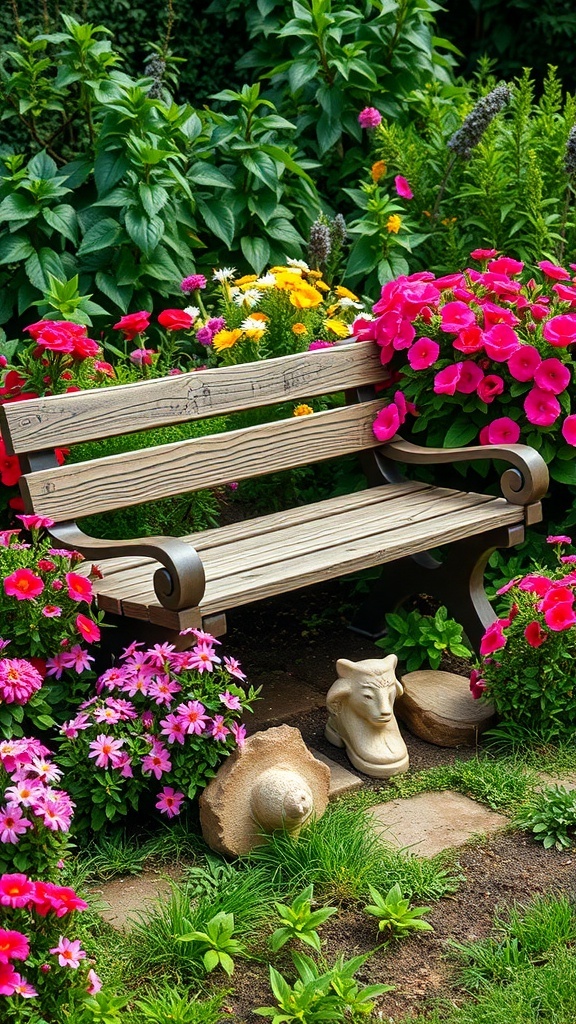 A wooden garden bench surrounded by colorful flowers in a lush garden.