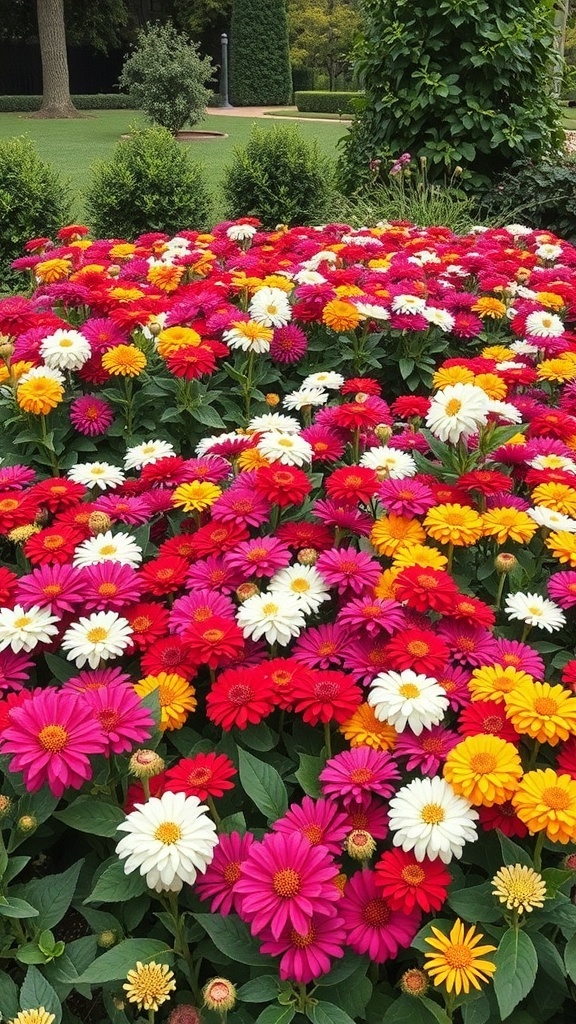 A vibrant garden bed filled with colorful zinnias in pink, white, yellow, and orange.