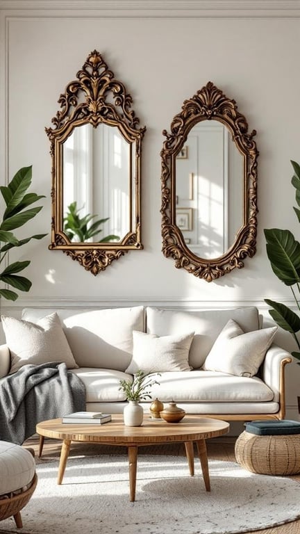 Two ornate wall mirrors above a cozy sofa in a bright living room
