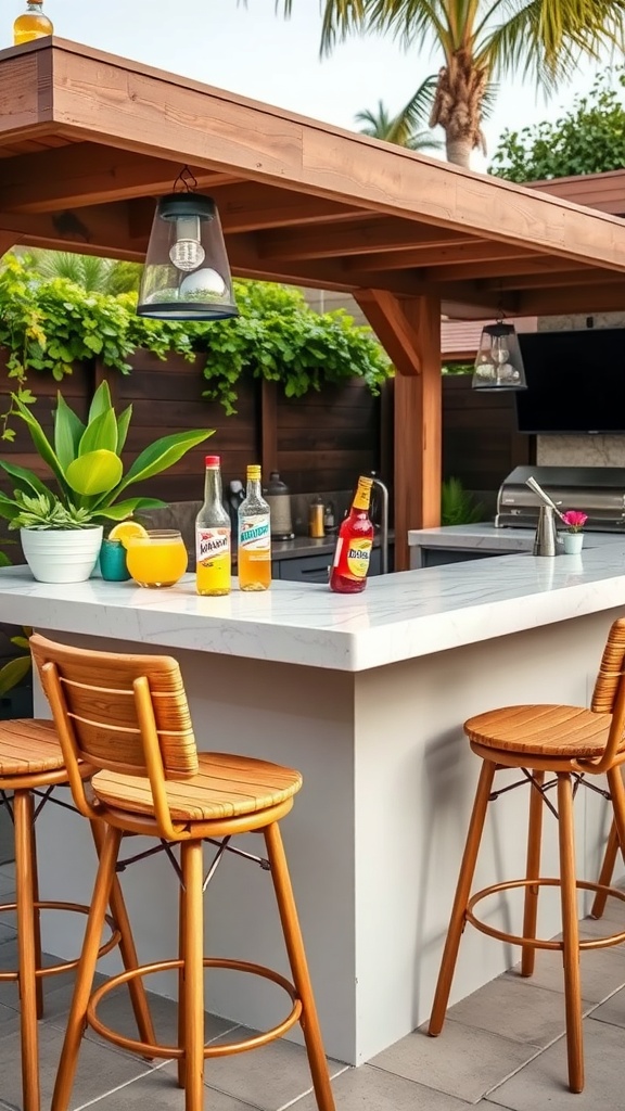 An outdoor bar station with a sleek design, comfortable stools, and string lights.