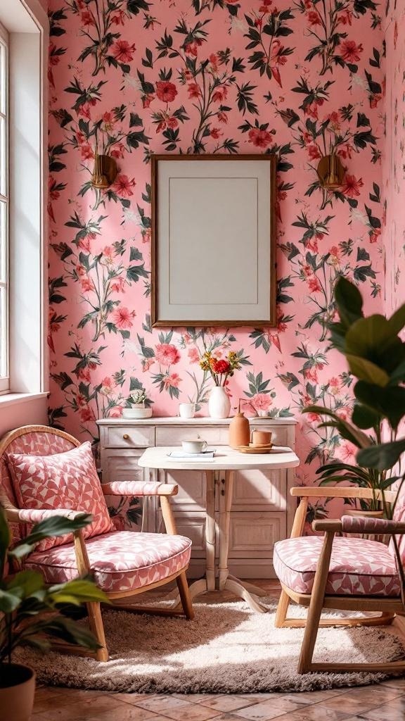 A cozy living room featuring floral pink wallpaper, wooden furniture, and plants.