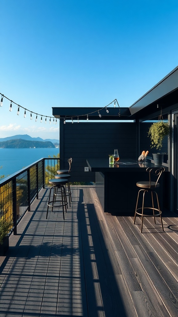 Stylish outdoor bar area with high stools on a black deck overlooking a scenic view.