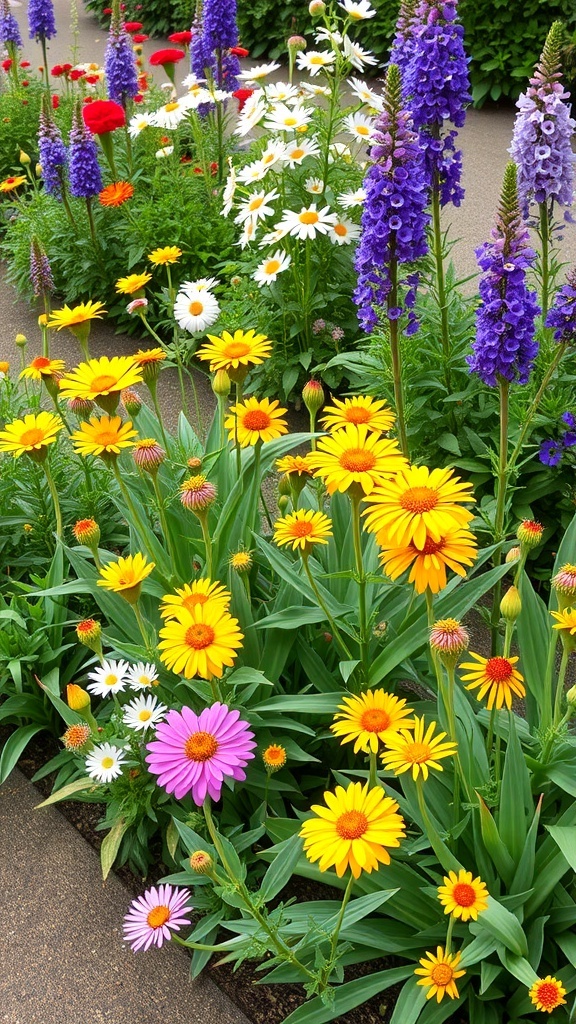 A vibrant flower bed featuring yellow daisies, purple delphiniums, and red flowers, showcasing a colorful mix of perennials.