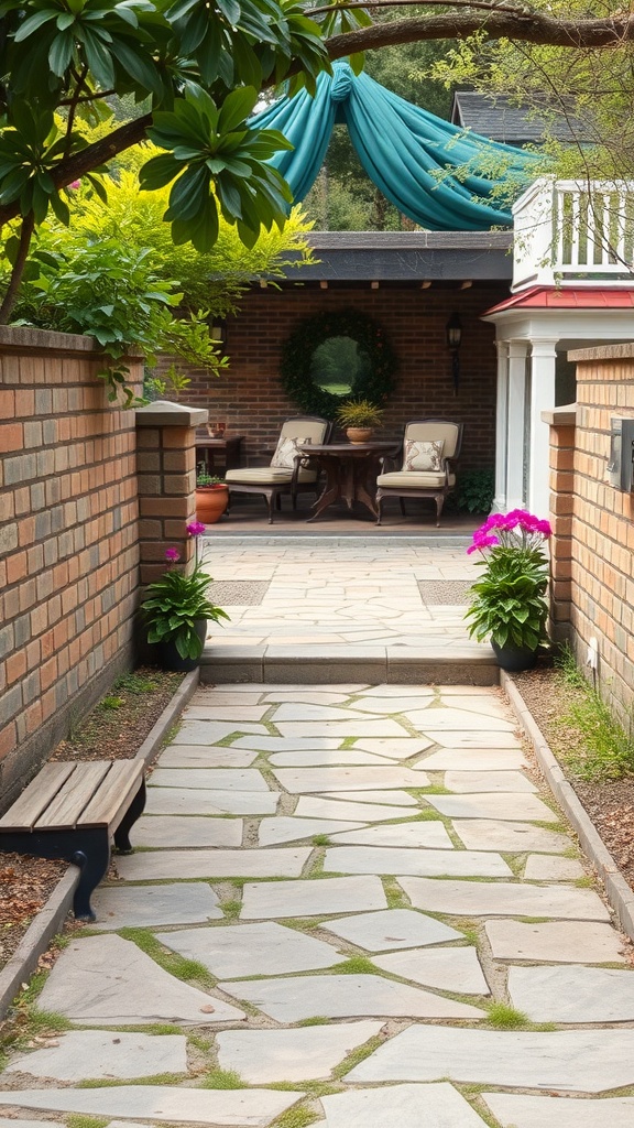 A rustic stone pathway leading to a cozy patio area surrounded by greenery.