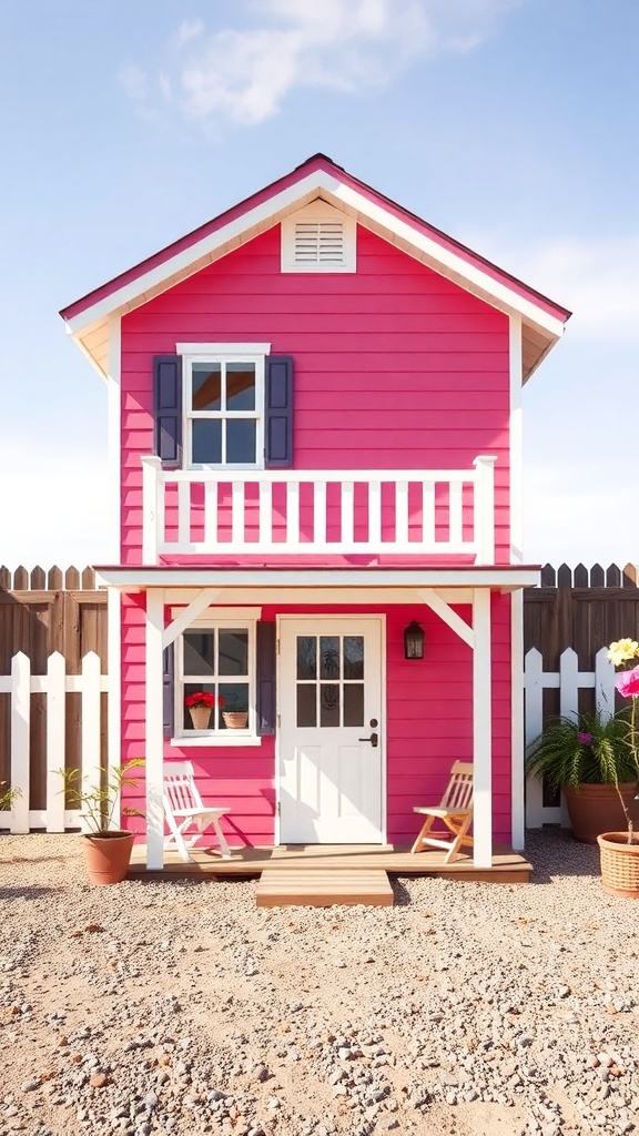 A colorful two-story pink playhouse with white accents and a porch.