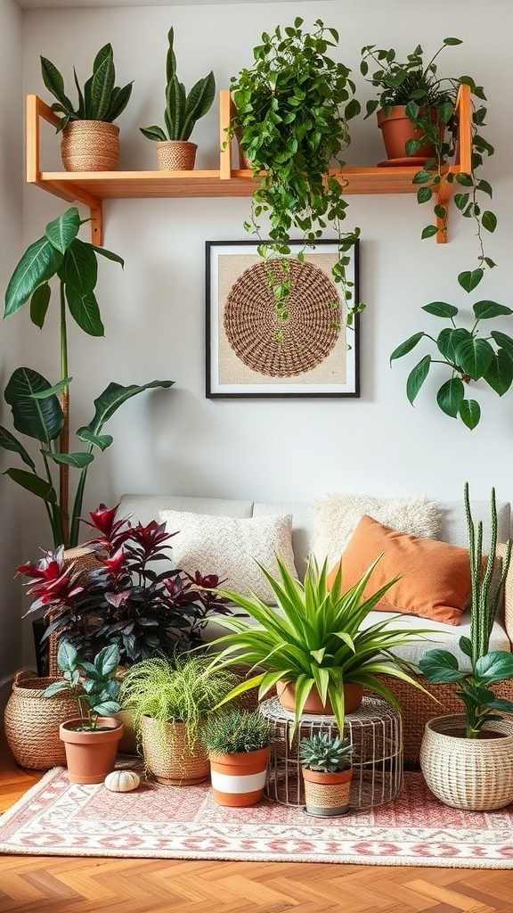 A cozy indoor garden setup featuring various plants in pots, arranged around a sofa with decorative cushions.