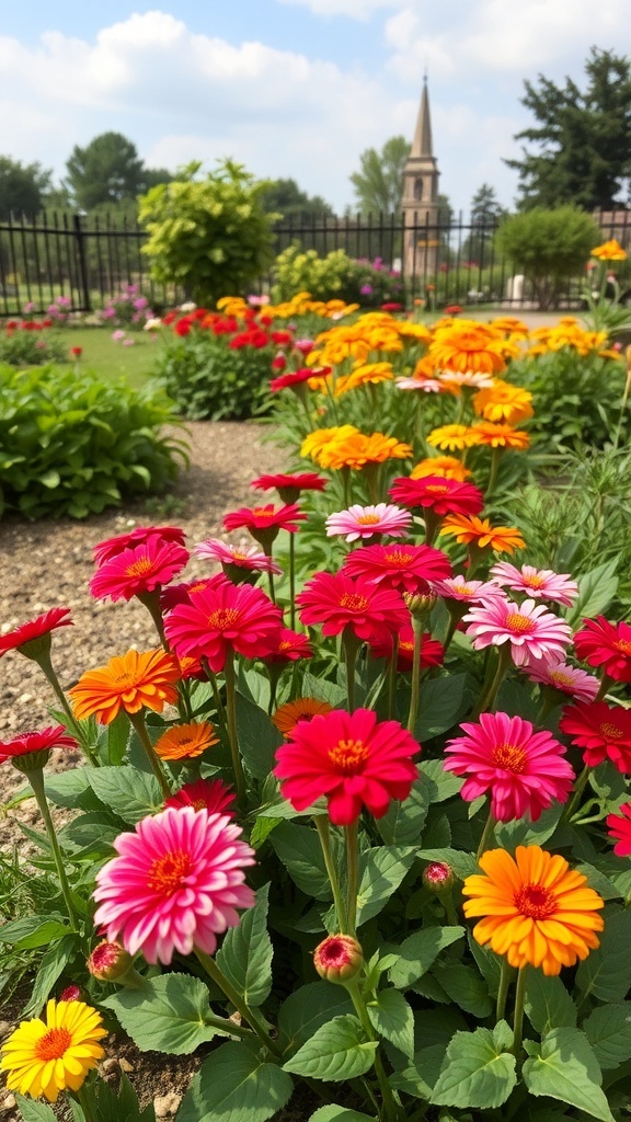 Colorful zinnias in a garden bed with a church steeple in the background