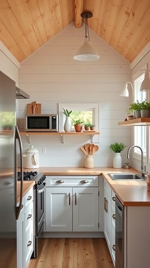 A chic tiny kitchen with white cabinets, wooden countertops, and natural light.
