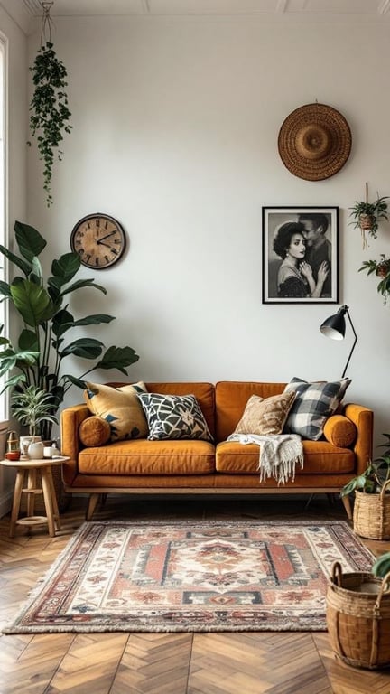 A cozy living room featuring a vintage-inspired orange sofa, patterned pillows, a decorative rug, and wall decor.
