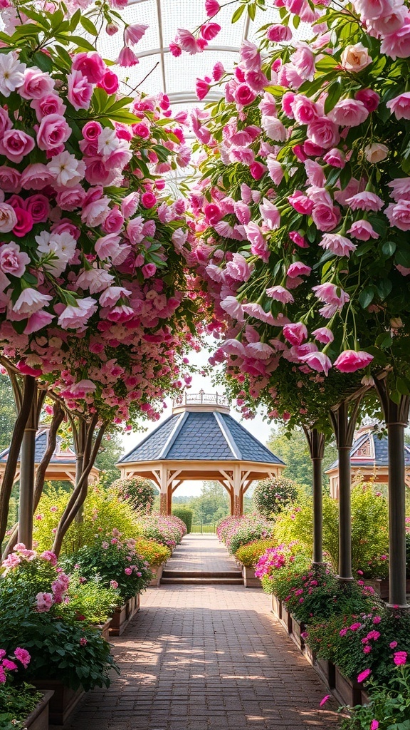 A beautiful floral canopy with pink flowers hanging overhead, leading to a gazebo in a flower garden.