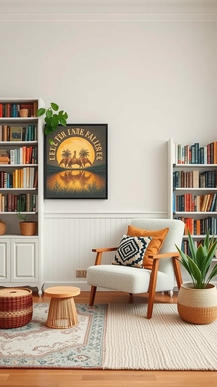A cozy reading nook with a comfortable chair, bookshelves filled with books, a small side table, and decorative elements.