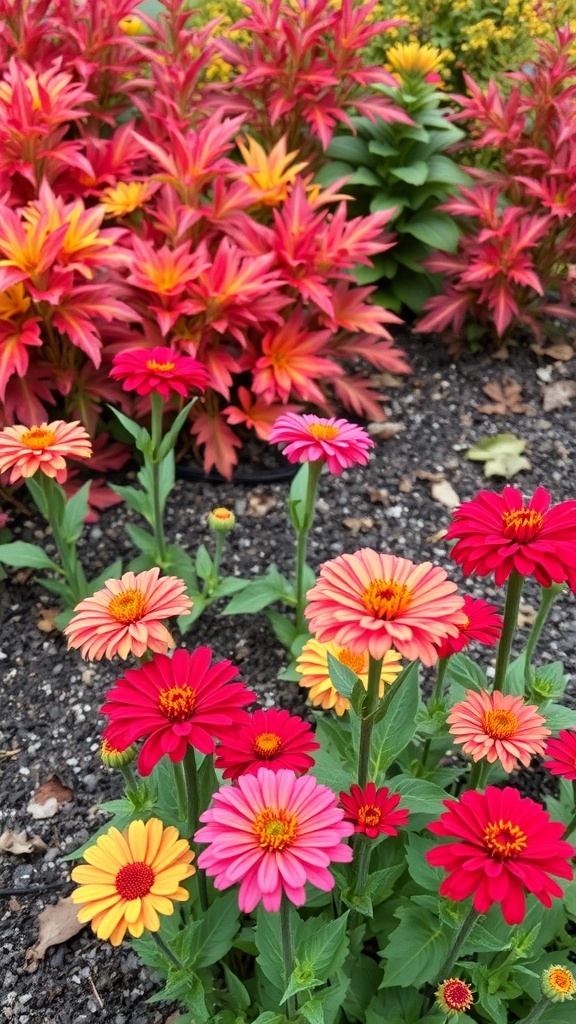 Colorful zinnias in a garden bed with vibrant fall foliage in the background.