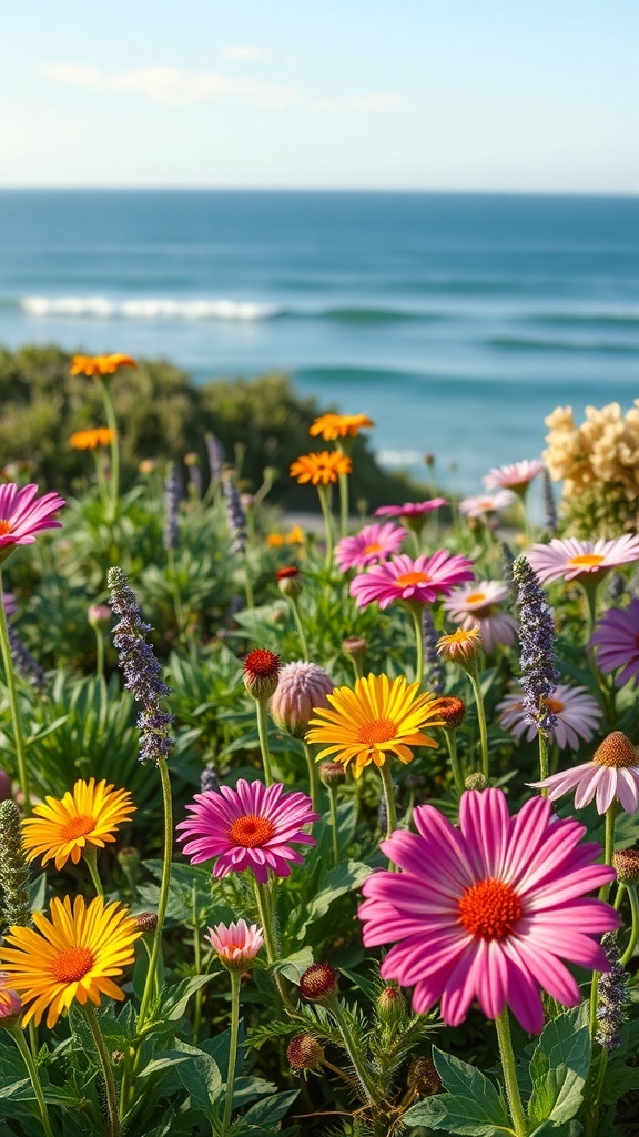 A vibrant coastal flower garden with colorful flowers in the foreground and the ocean in the background.