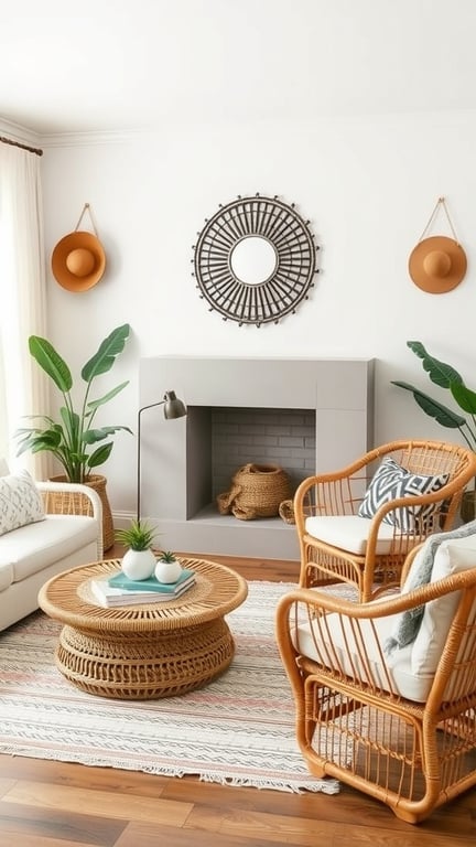 A cozy living room featuring rattan furniture, including chairs and a coffee table, with plants and a light-colored sofa.