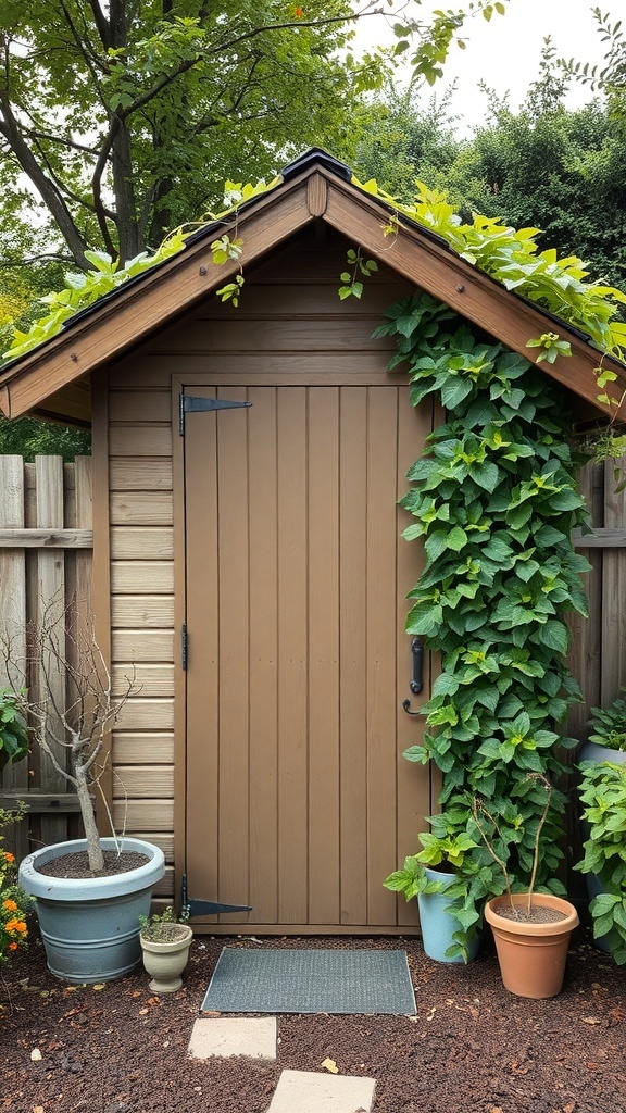 A garden shed with vertical greenery, featuring climbing plants and potted plants around it.