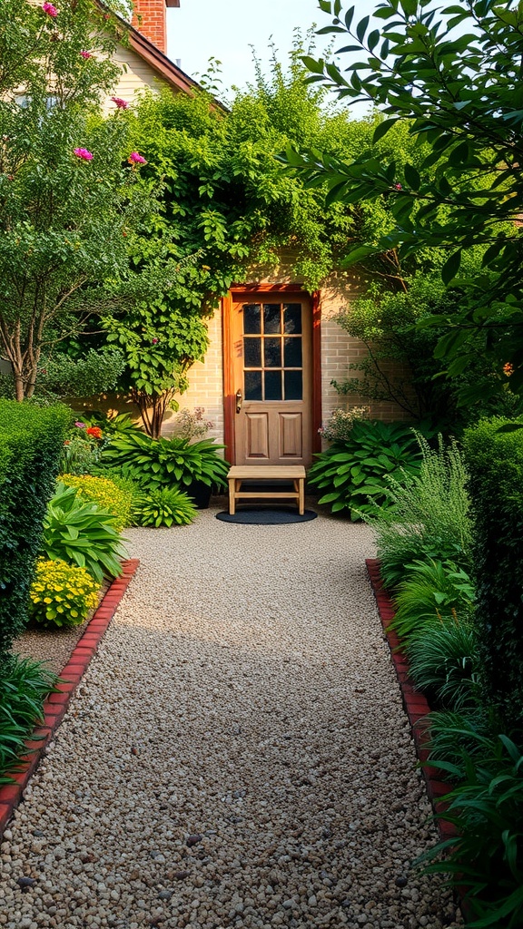 A charming gravel walkway leading to a door, surrounded by lush greenery and flowers.