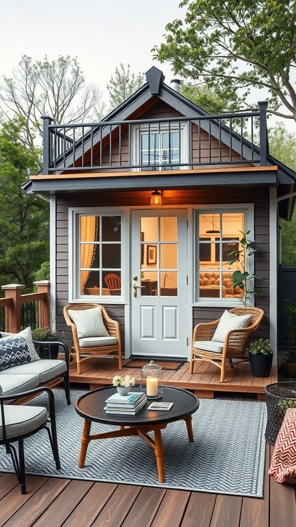 A cozy two-story shed house with a welcoming porch and stylish outdoor seating.
