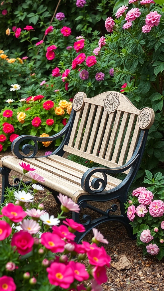 A charming wooden garden bench surrounded by pink flowers and greenery.
