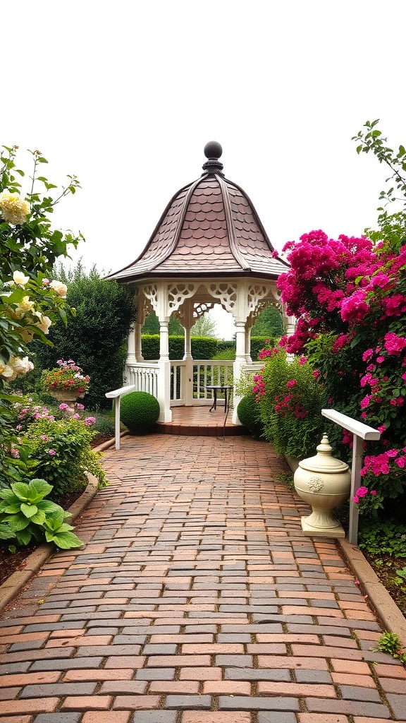 A vintage cobblestone path leading to a gazebo surrounded by colorful flowers.