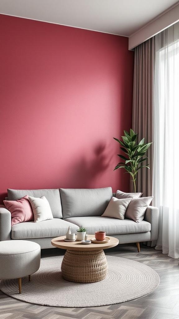 A cozy living room featuring a deep pink accent wall, a light gray sofa with pillows, a round coffee table, and a potted plant.