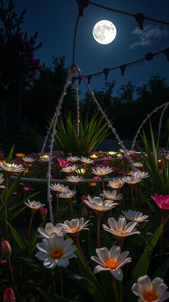 A moonlit garden with glowing flowers under a full moon