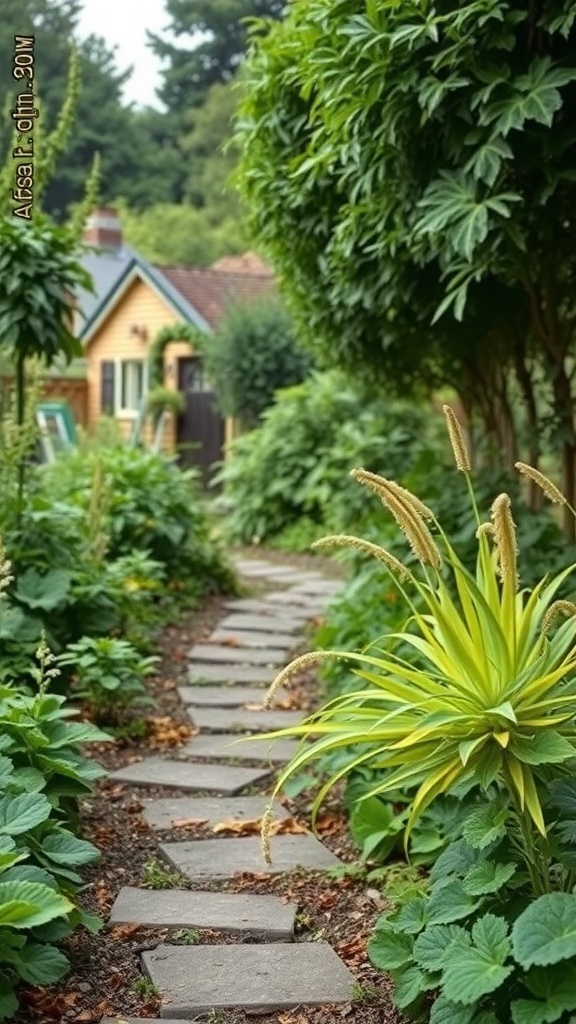 A garden pathway made of stone, lined with various edible plants and greenery.