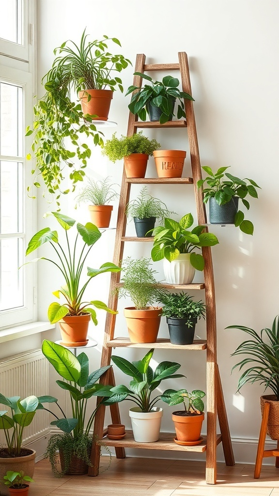 A wooden ladder display filled with various potted plants, showcasing a boho vibe.