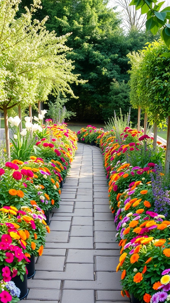 A beautiful walkway surrounded by colorful seasonal flowers.