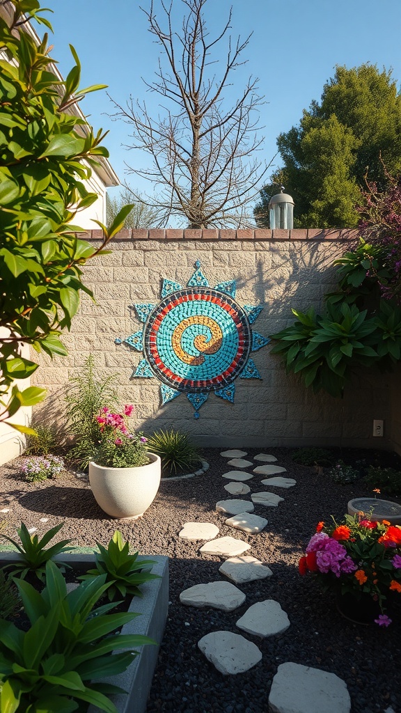 Colorful mosaic art mounted on a wall in a small backyard garden
