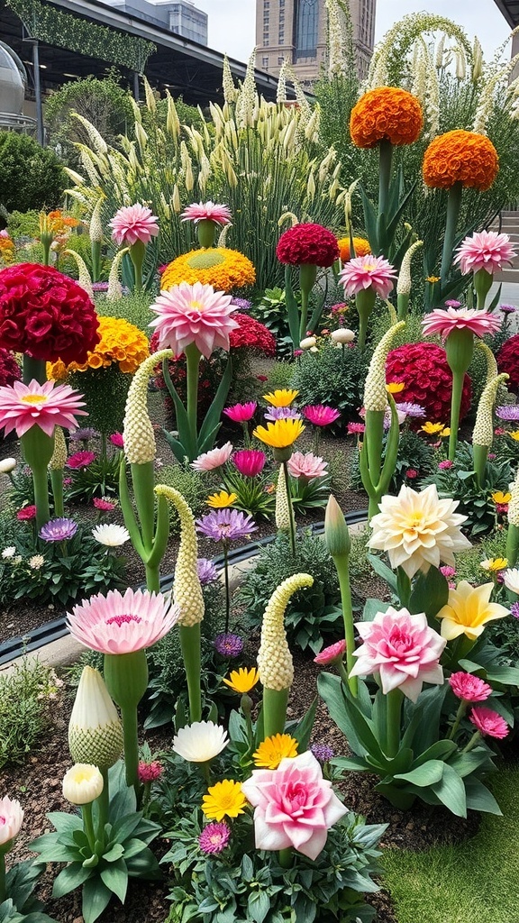 A vibrant flower sculpture garden featuring oversized colorful flower sculptures surrounded by greenery.