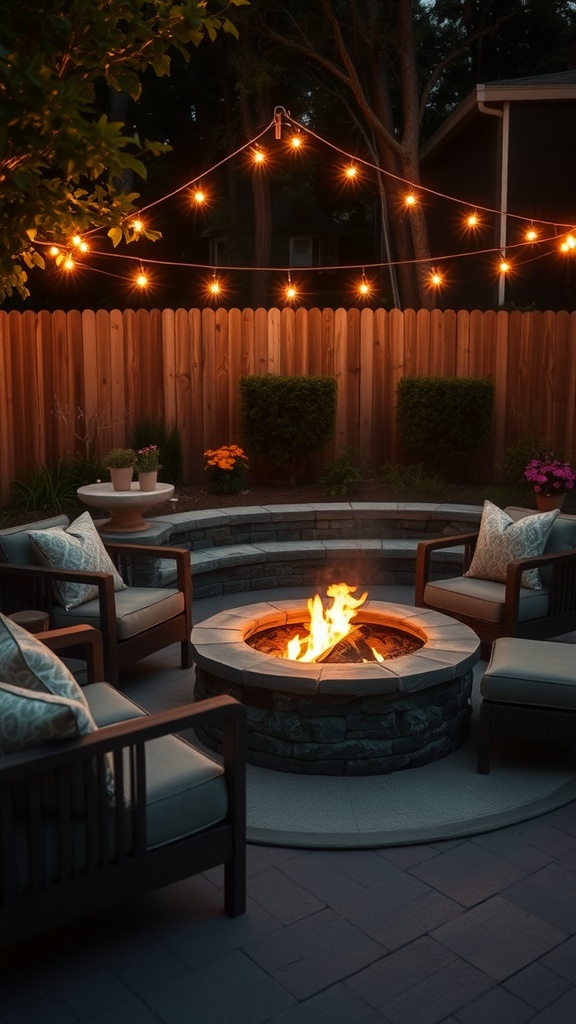 Cozy fire pit area with stone seating and string lights