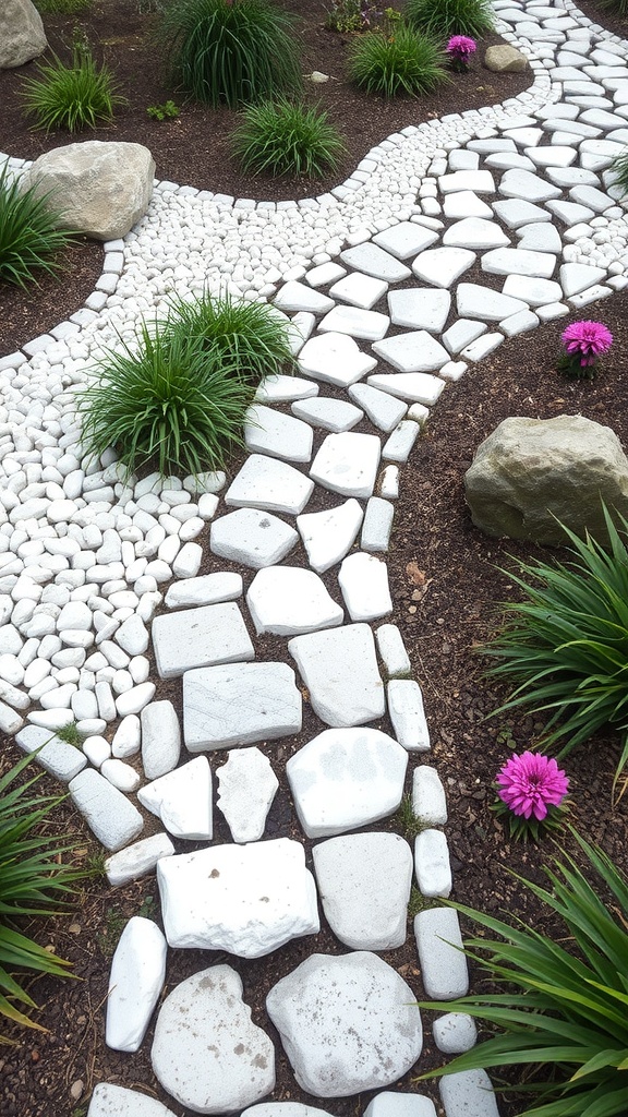 A garden pathway made of white stones and pavers, surrounded by plants and a wooden fence.