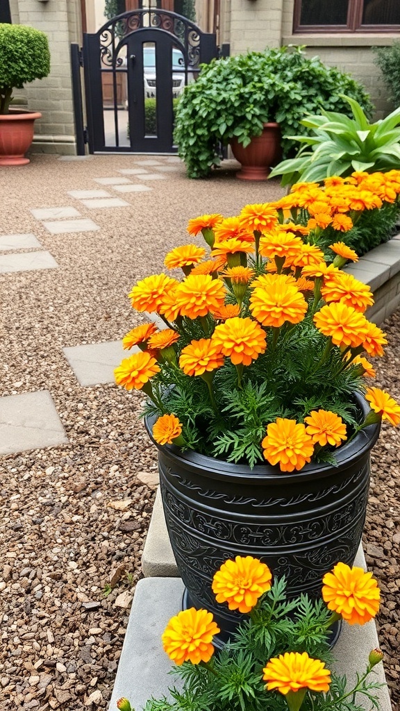 Colorful marigolds in a garden border with a pathway and a gate in the background.