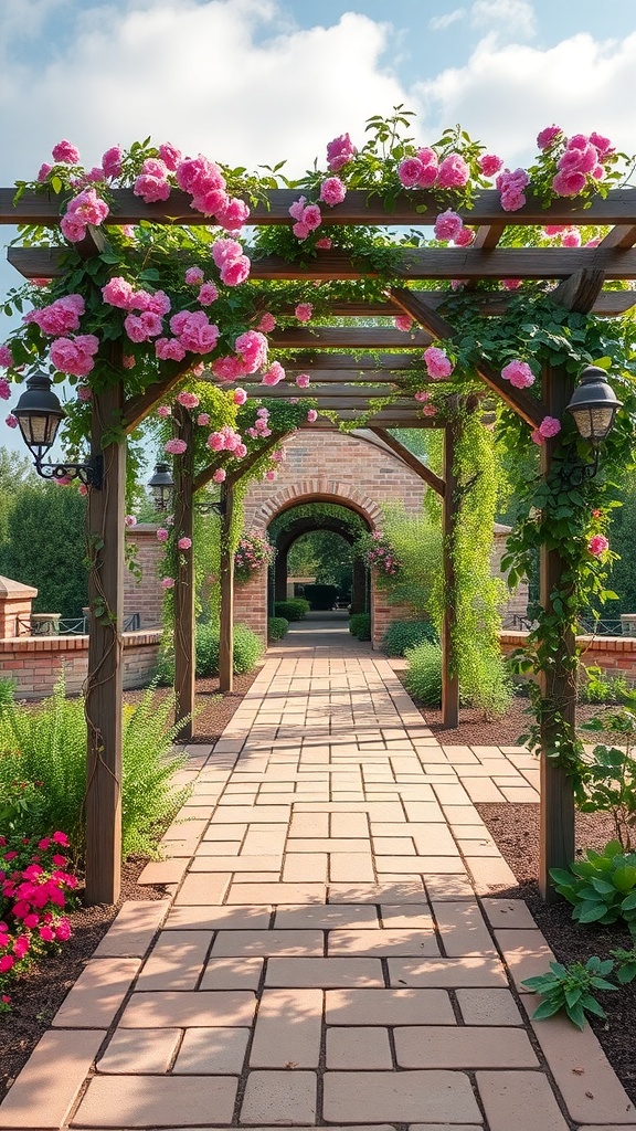 A beautiful walkway under a pergola adorned with pink flowers, leading to a garden.