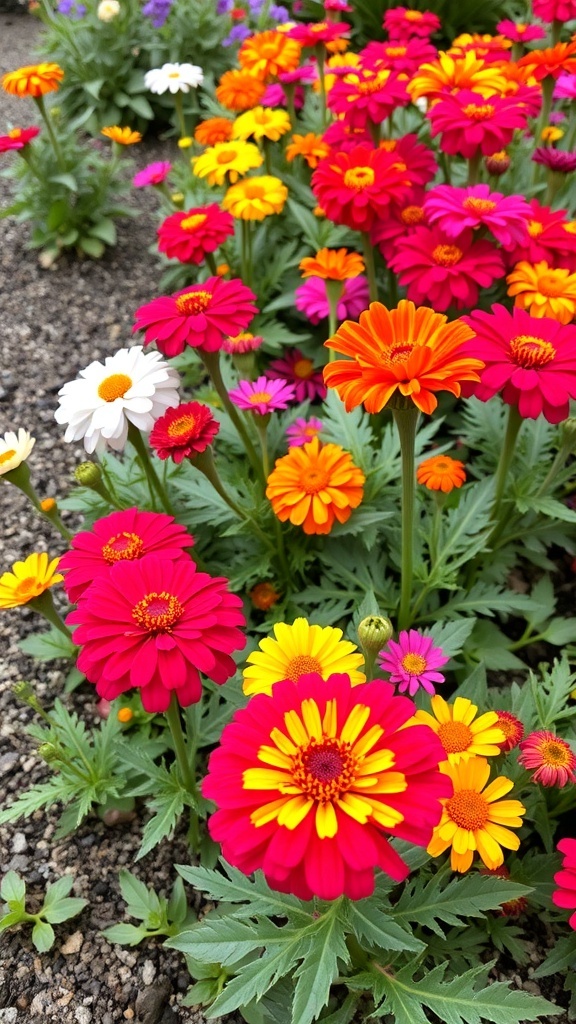 A vibrant garden bed filled with zinnias and marigolds in various colors.