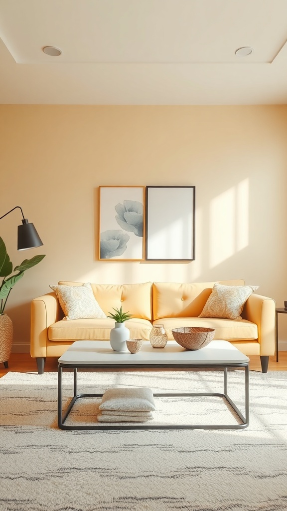 Stylish coffee table arrangement in a pale yellow living room featuring a yellow sofa, decorative items, and a cozy atmosphere.