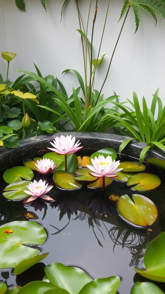 A small pond with water lilies and surrounding greenery
