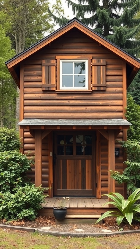 A charming rustic two-story shed house with wooden exterior and welcoming entrance.