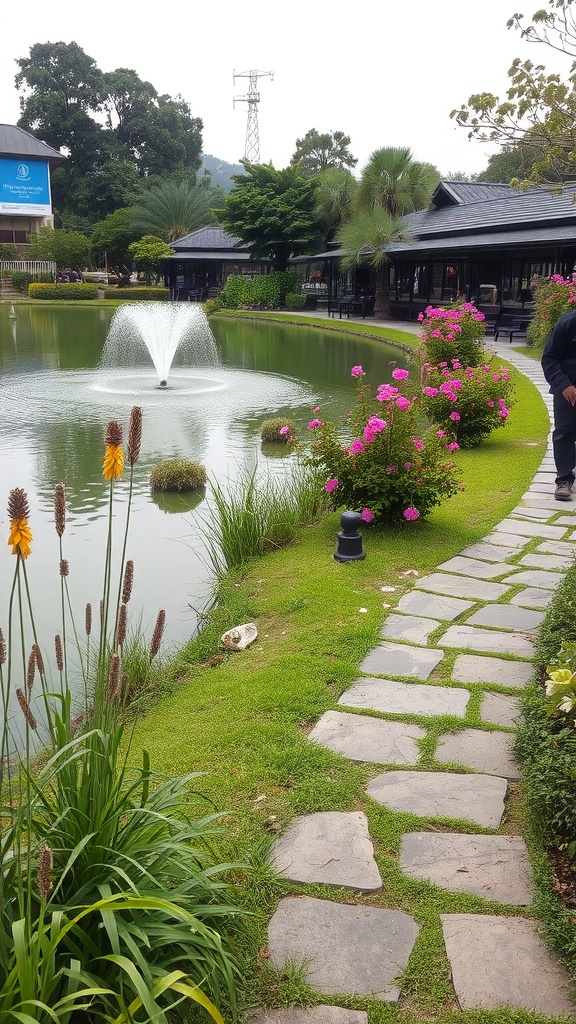 A stone pathway beside a pond with a fountain and colorful flowers.