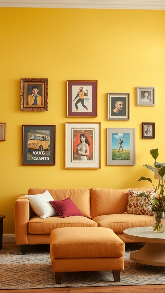 A vibrant yellow wall with a variety of framed artworks above a cozy orange couch.