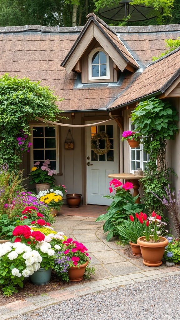 A charming cottage garden entrance with colorful flowers and potted plants.
