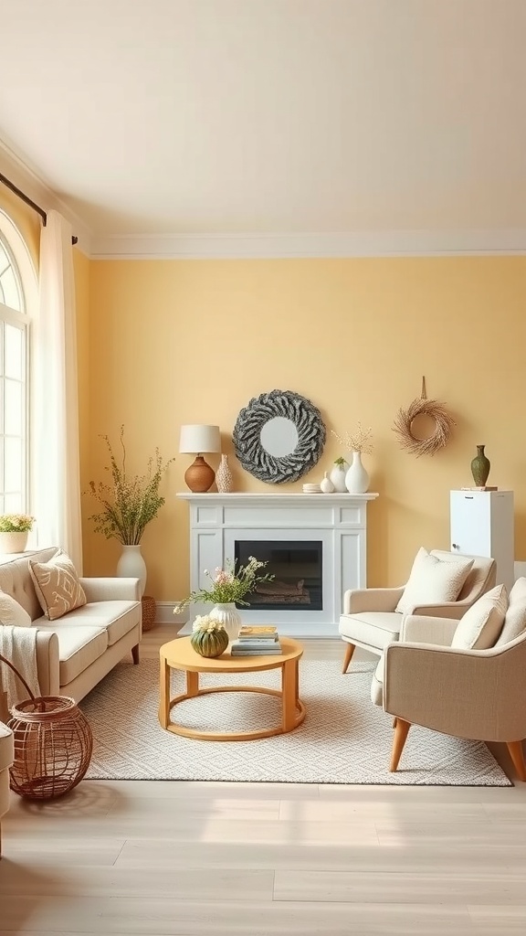 A cozy pale yellow living room with light furniture and seasonal decor