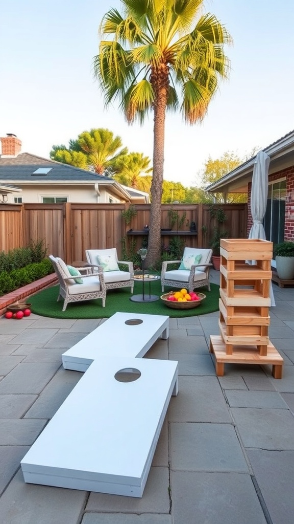 A stylish patio with cornhole boards, a cozy seating area, and a palm tree.