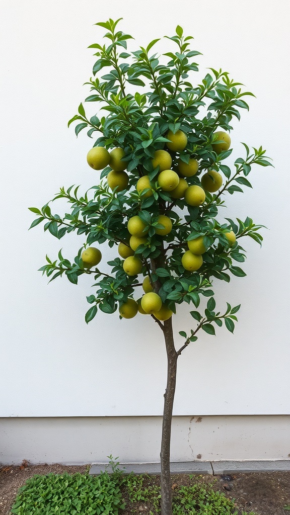 A small fruit tree trained in an espalier style, laden with green fruit against a white wall.