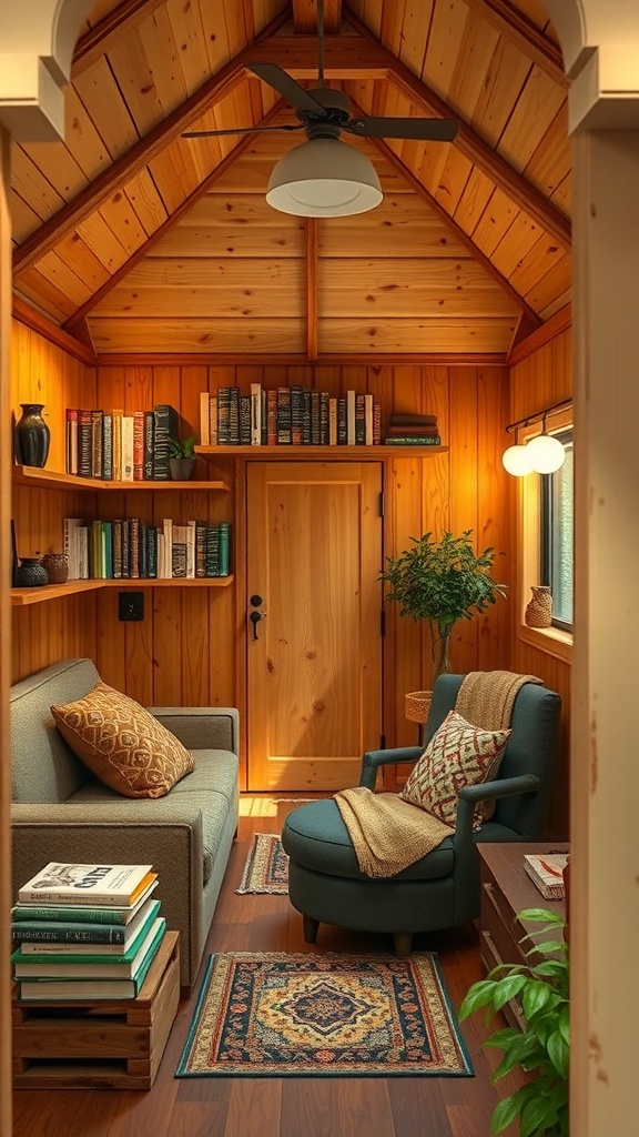 Cozy reading nook in a tiny shed house with wooden walls, bookshelves, and comfortable seating.
