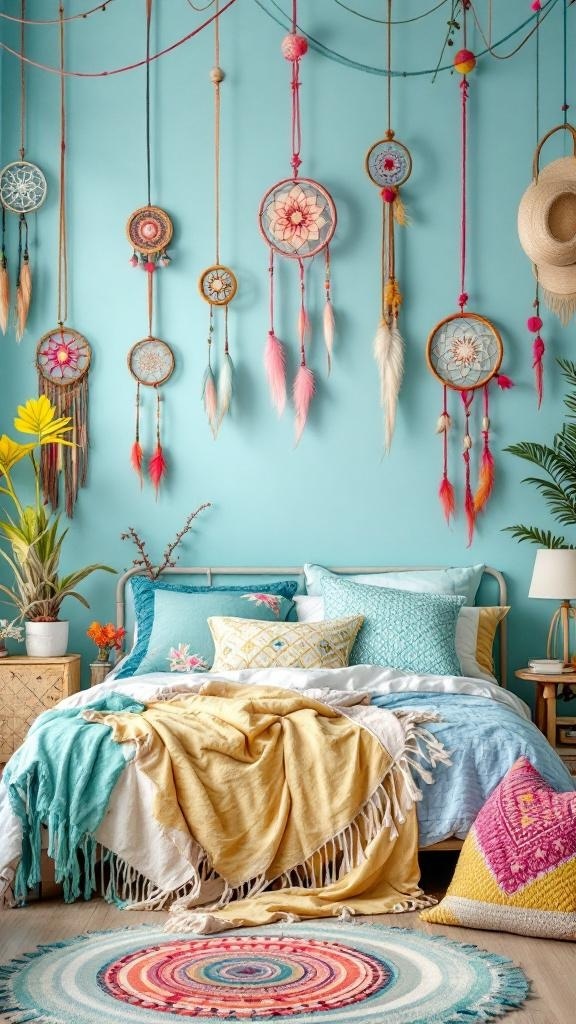 A light blue Boho bedroom featuring dreamcatchers, colorful pillows, and a cozy bedding arrangement.