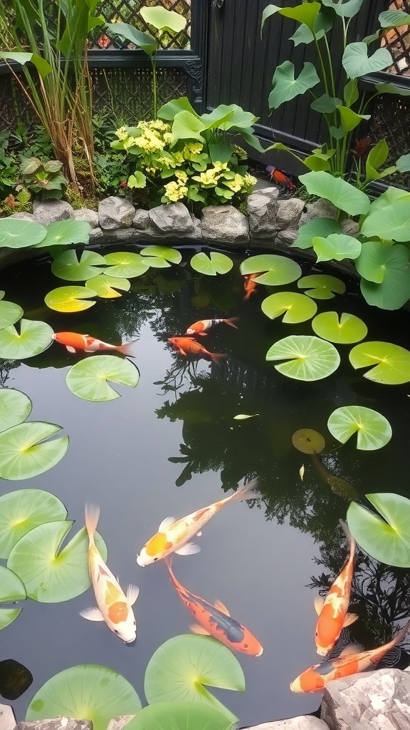 A small pond with koi fish and water lilies surrounded by greenery.
