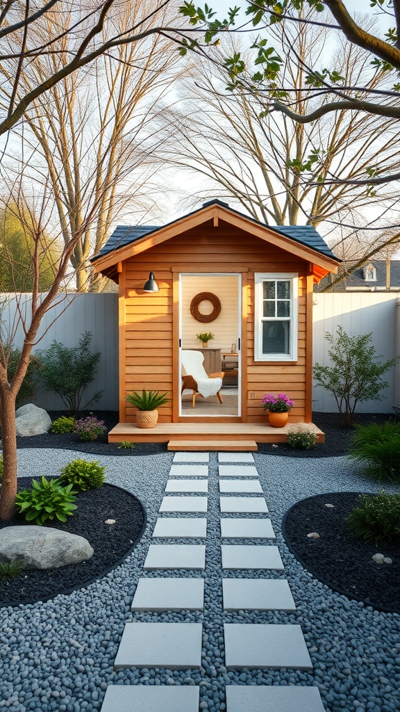 A small two-story shed house in a zen garden setting with a stone pathway and plants.