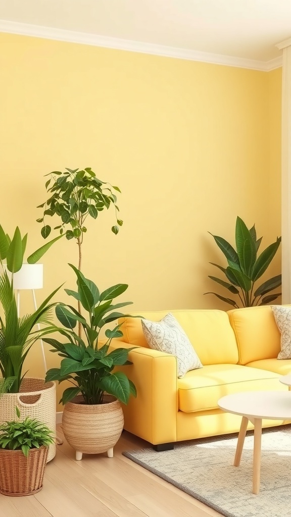 A pale yellow living room filled with various green plants and cozy furniture.
